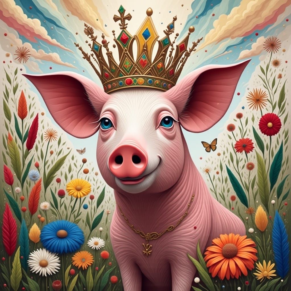 Whimsical Pink Pig in Crowned Glory, Pointillism Style