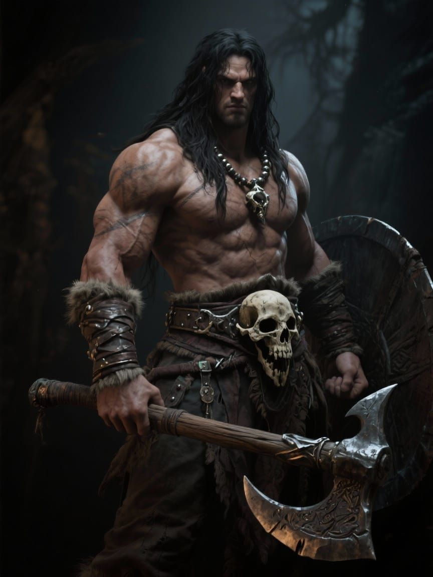 Muscular Barbarian Warrior with Skull Accents