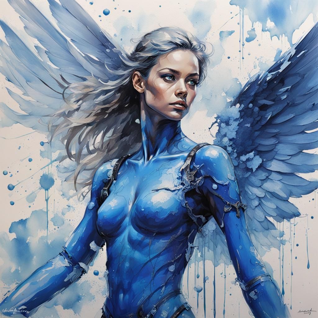 Beautiful Blue Angel Portrait in Ink Style