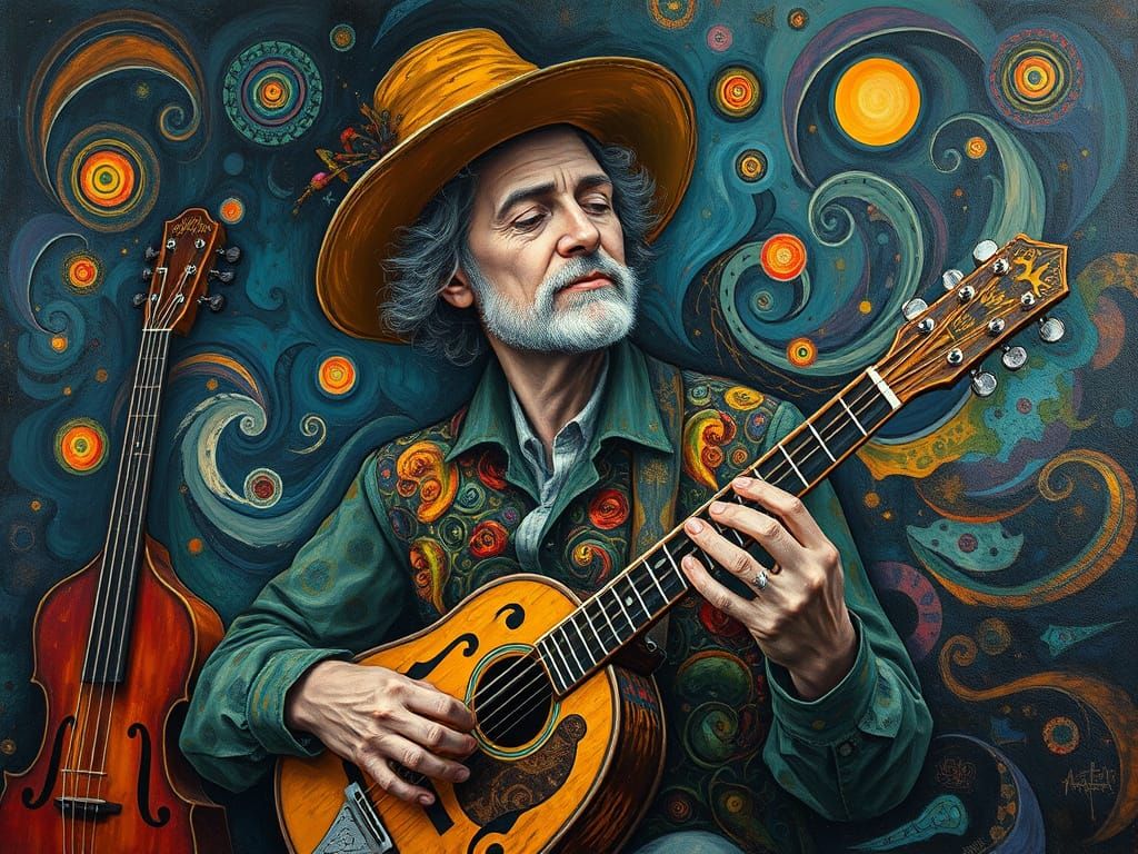 Groovy Bluegrass Musician in Vibrant, Surrealist Landscape