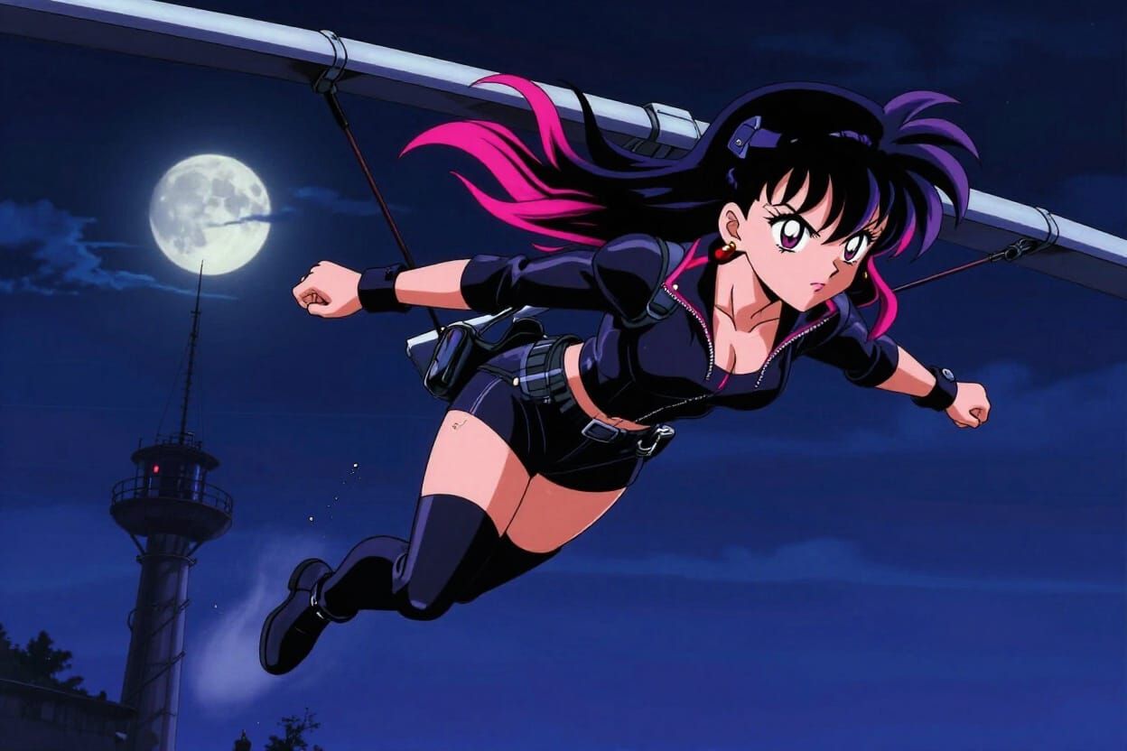 1990s Anime Punk Gliding Off Tower at Night
