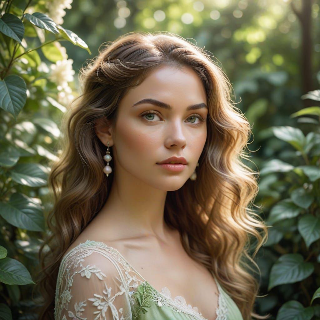 Woman in Lush Garden with Light Green Eyes