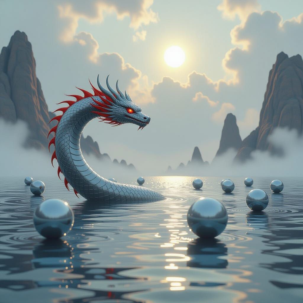 Metallic Sea Serpent in Dreamy Sci-Fi Landscape