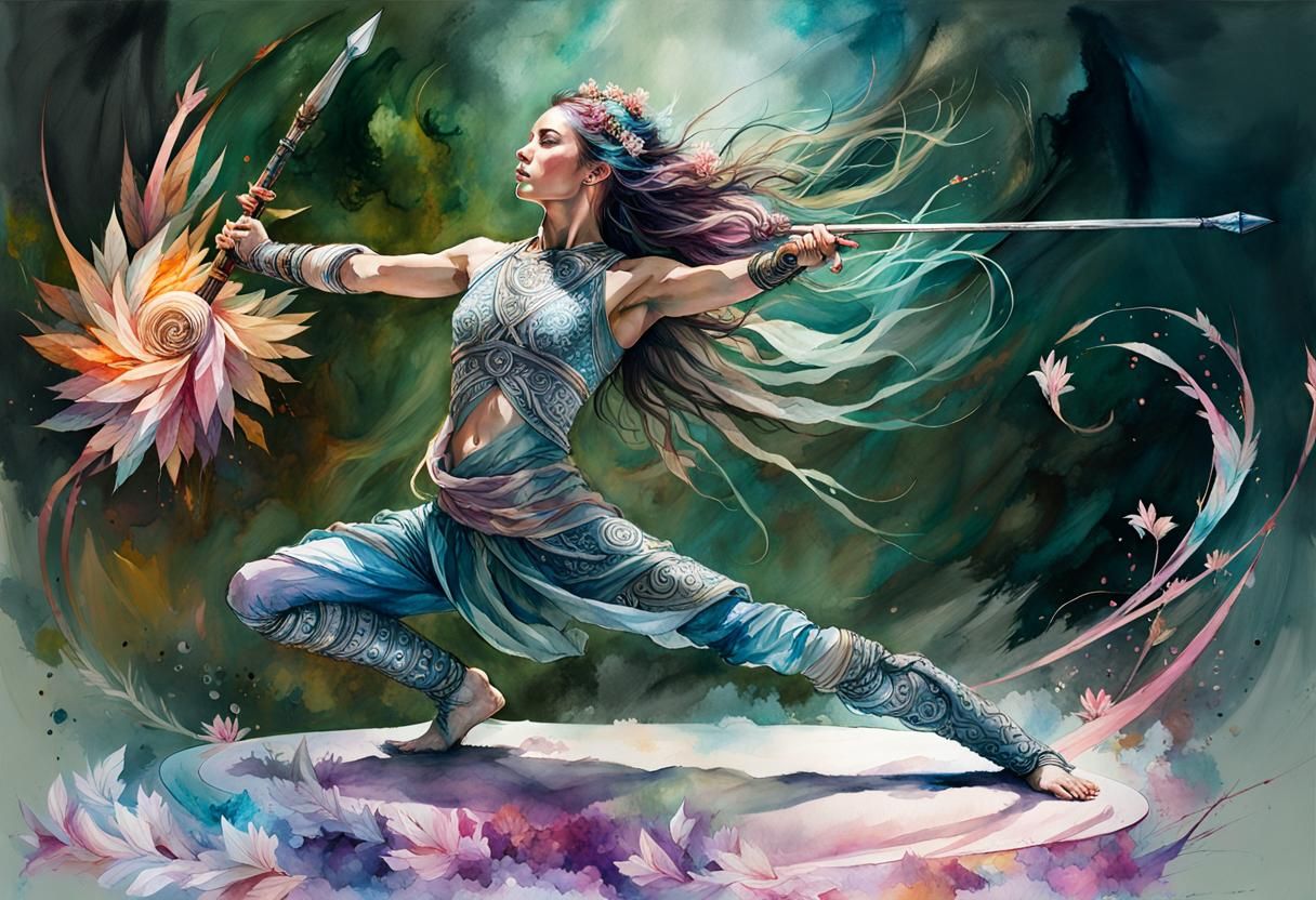 Fantasy Warrior Yoga Pose in Watercolor Art Deco Style