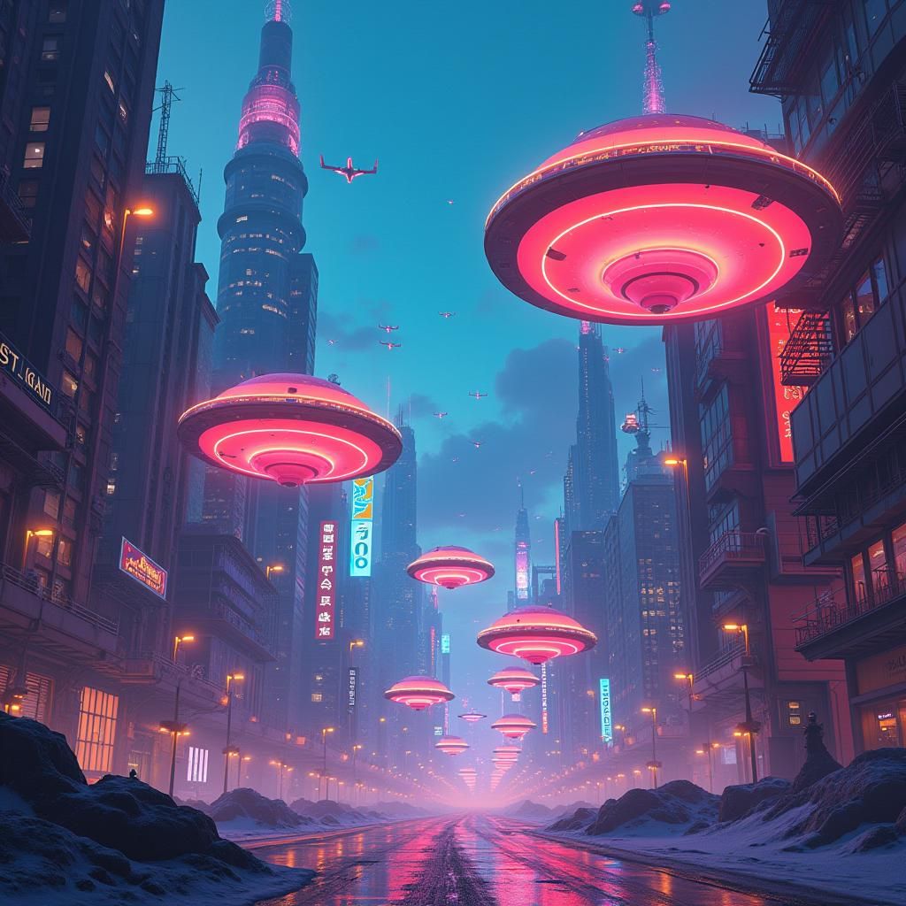 Glowing Discs Soar Through Neon Cyberpunk Cityscape