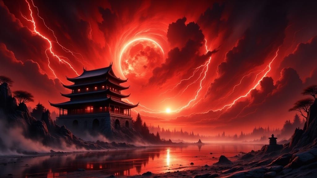 Ominous Chinese Temple in Red Storm at Night
