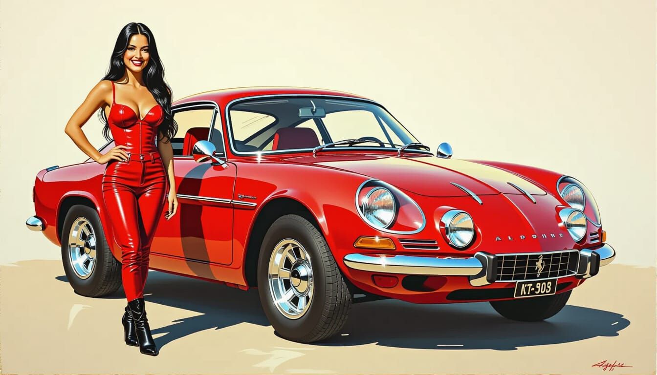 Ruby Red Alpine A110 with Woman in NC Wyeth Style