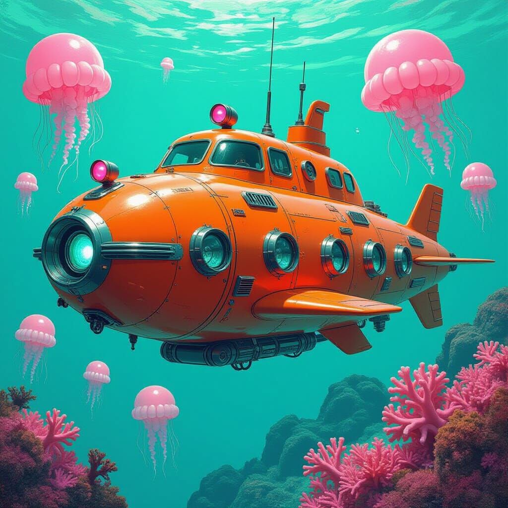 Retro-Futuristic Submarine in a Dreamlike Coral Reef