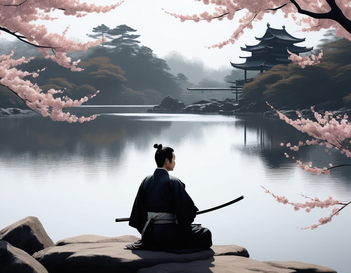 Contemplative Samurai in Cherry Blossom Bloom