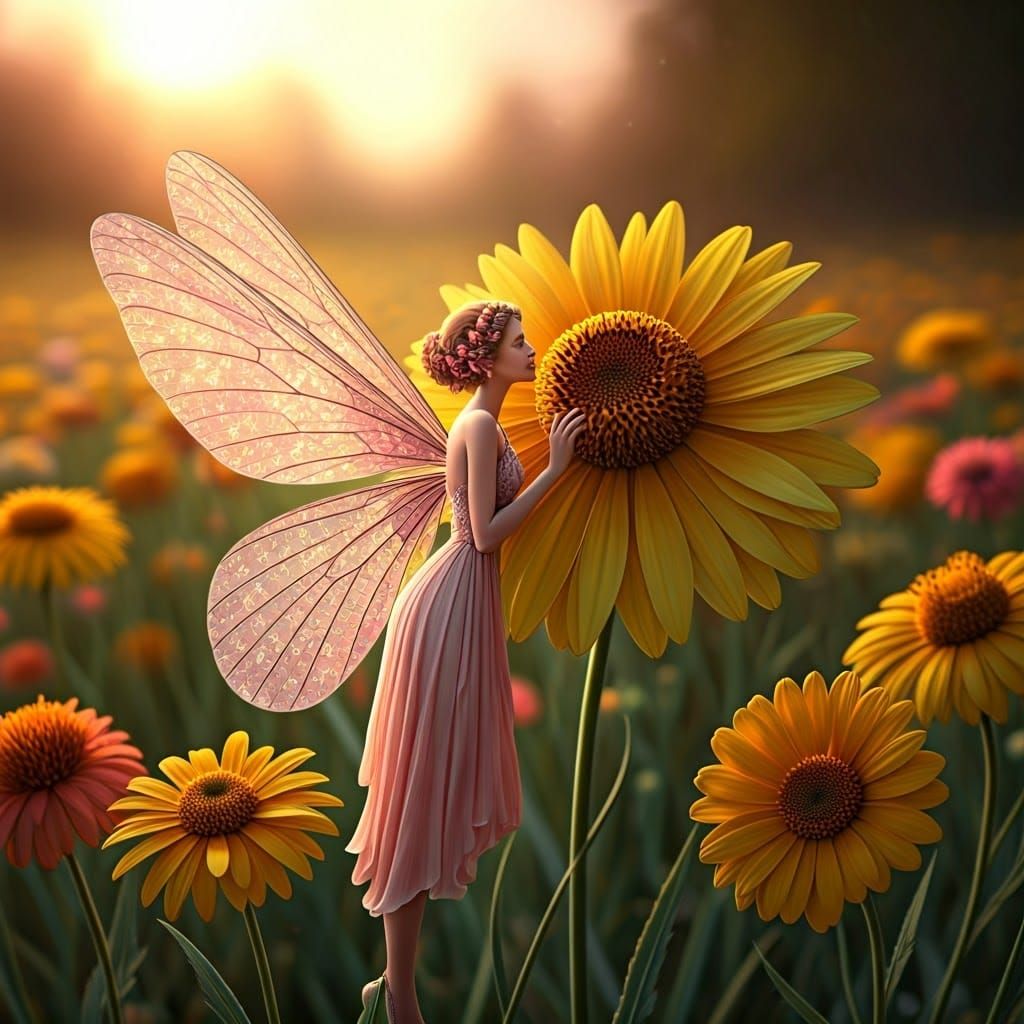 Shimmering Fairy in Blooming Wildflower Meadow