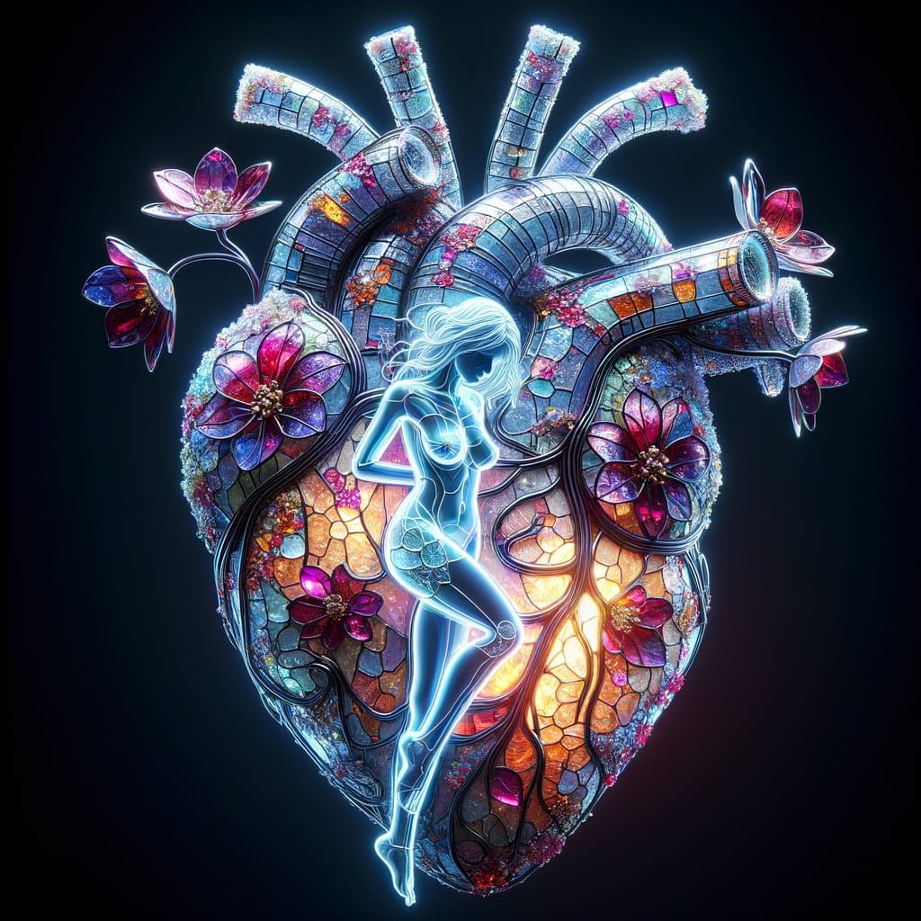 Stained Glass Neon Girl in Art Nouveau Style