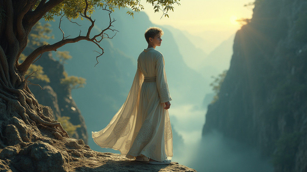 The Fool Tarot Card in Dreamlike Fantasy Landscape