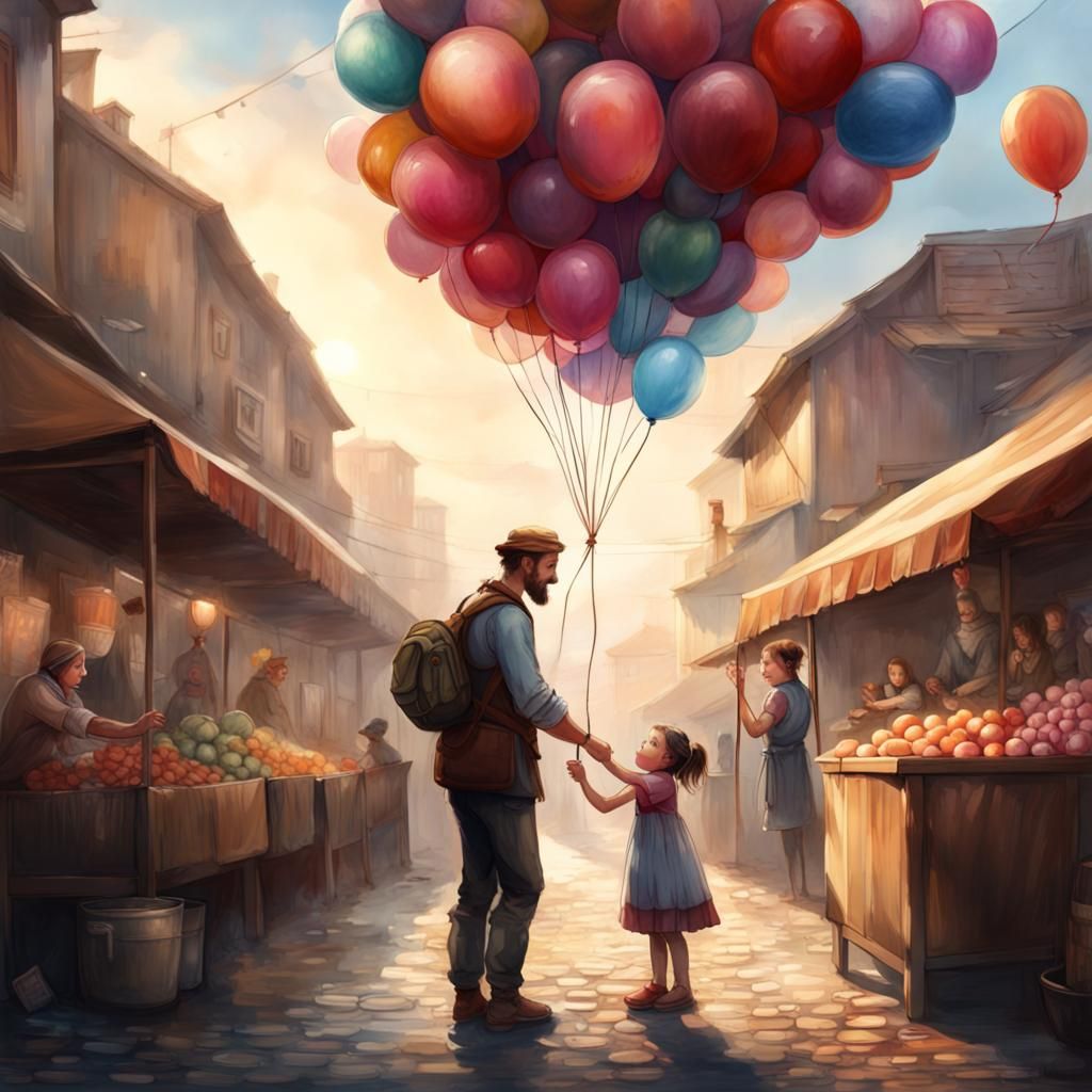 Man Giving Balloon to Girl: Watercolor Painting