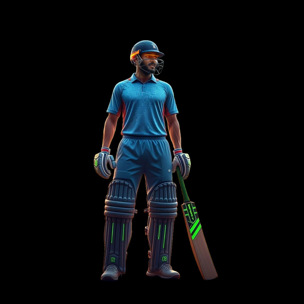Futuristic Cricket Player in Dust-Filled Stadium