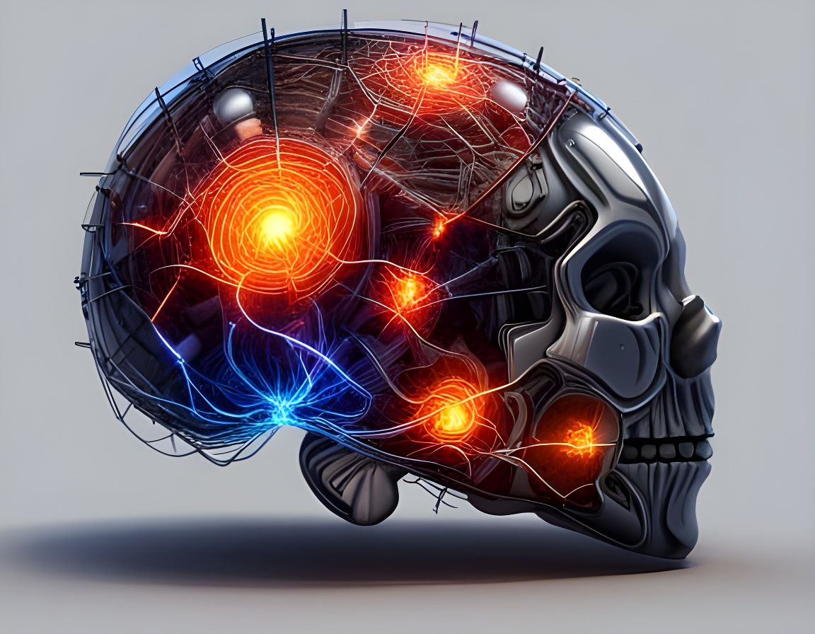 Exploding Mechanical Brain in Ominous Horror Style