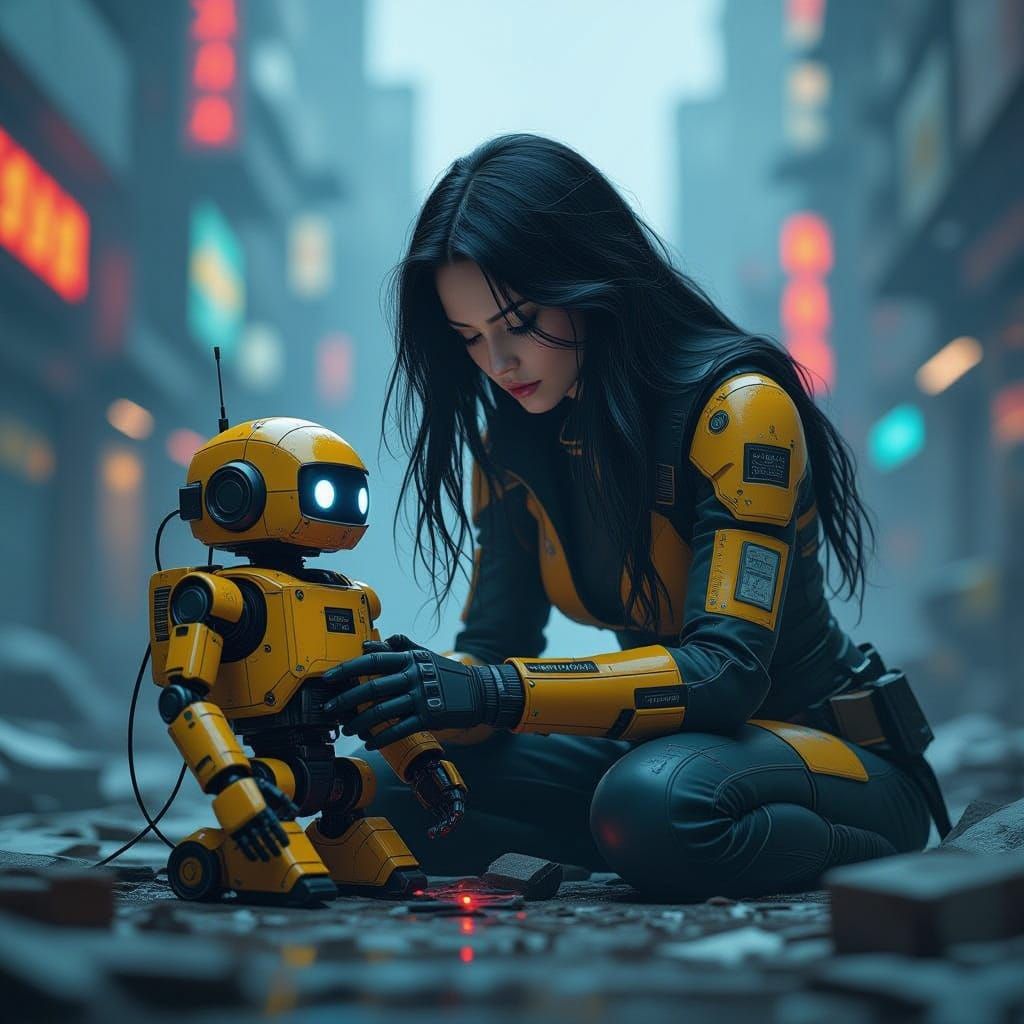 Sci-Fi Girl Repairs Robot in Gritty Cityscape Concept Art