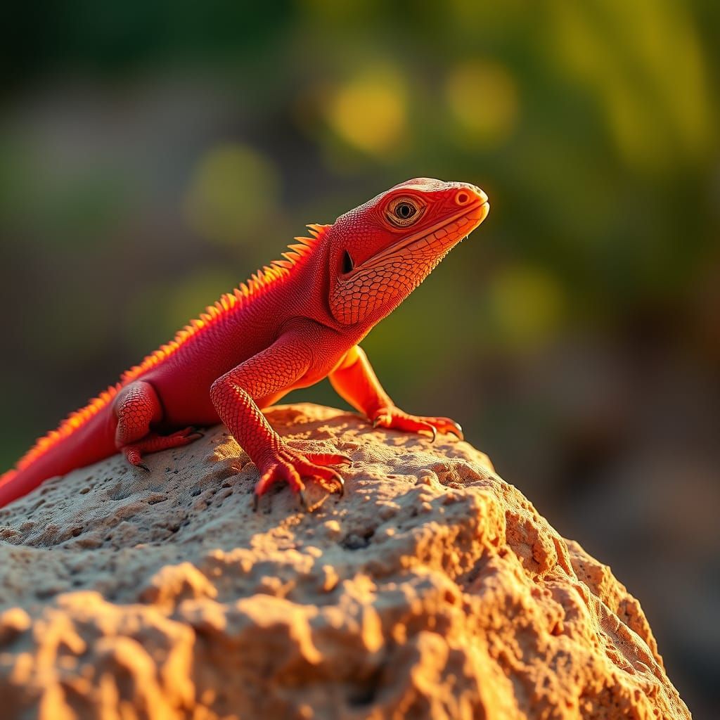 Vibrant Red Lizard Basking in Golden Hour Light