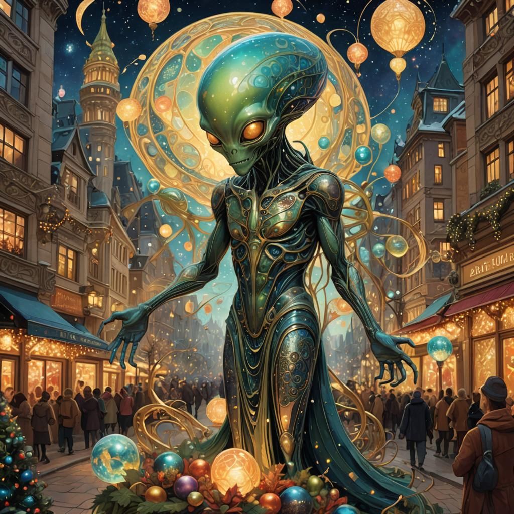 Alien Holiday on Earth in Art Nouveau Style