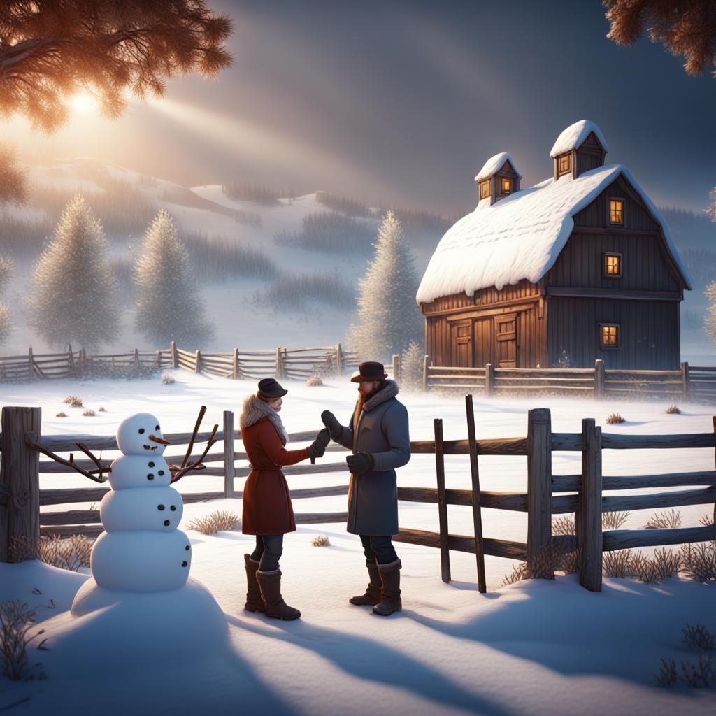 Winter Farm Scene with Snowman, Matte Painting