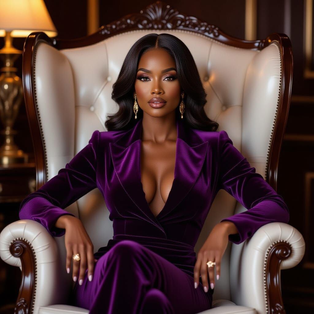 Elegant Black Woman in Velvet Outfit, Ultra-Realistic Portra...