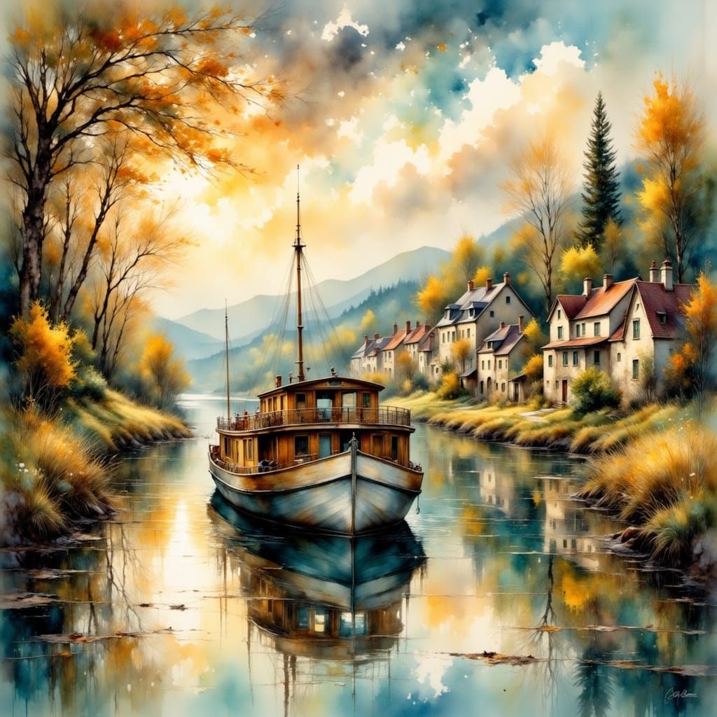 Houseboat on Idyllic River in Golden Afternoon Light