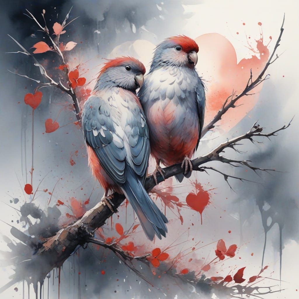 Love Birds on Heart Branch in Watercolour Style
