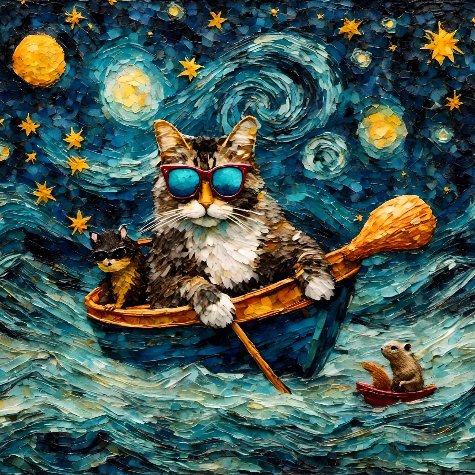 Whimsical Collage: Cat, Squirrel, and Starry Night