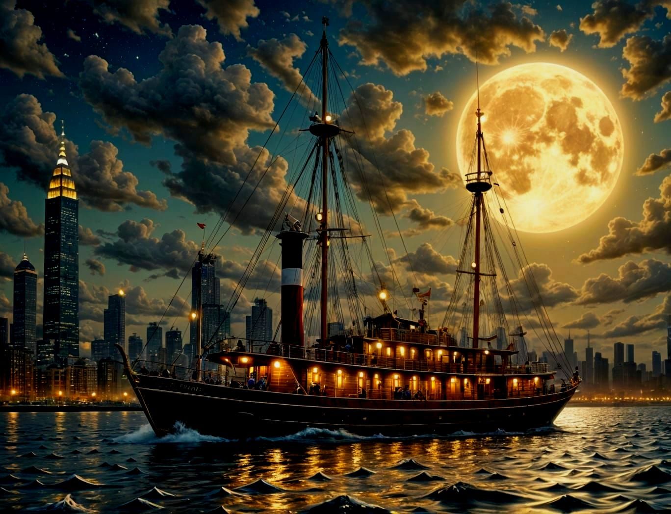 The steamer sails pass the lighted glass towers of the city.