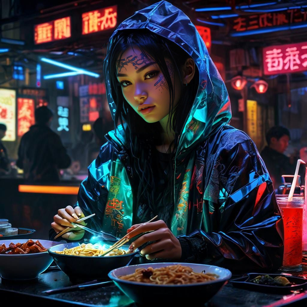 Cyberpunk Elegance: Eurasian Girl in Neon Noir Alley