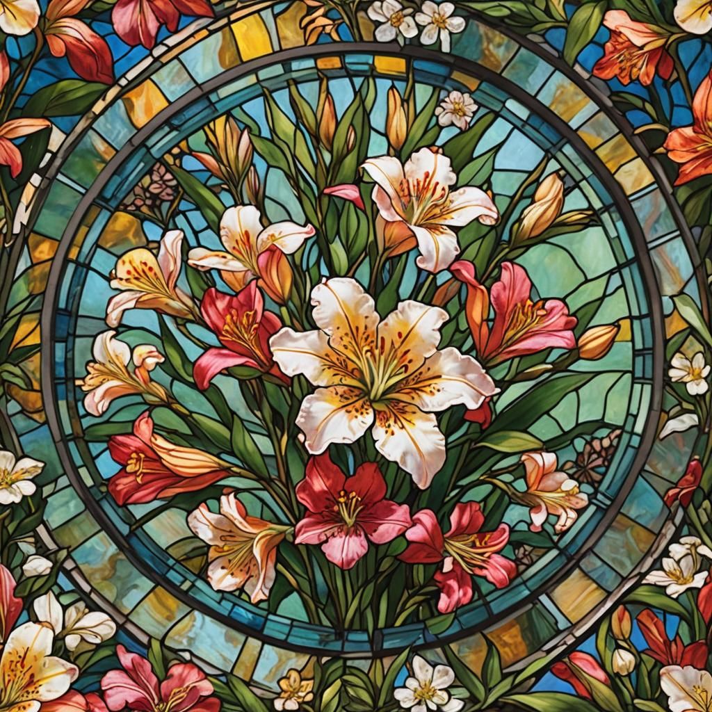 Vibrant Alstroemeria Flower in Stained Glass Style