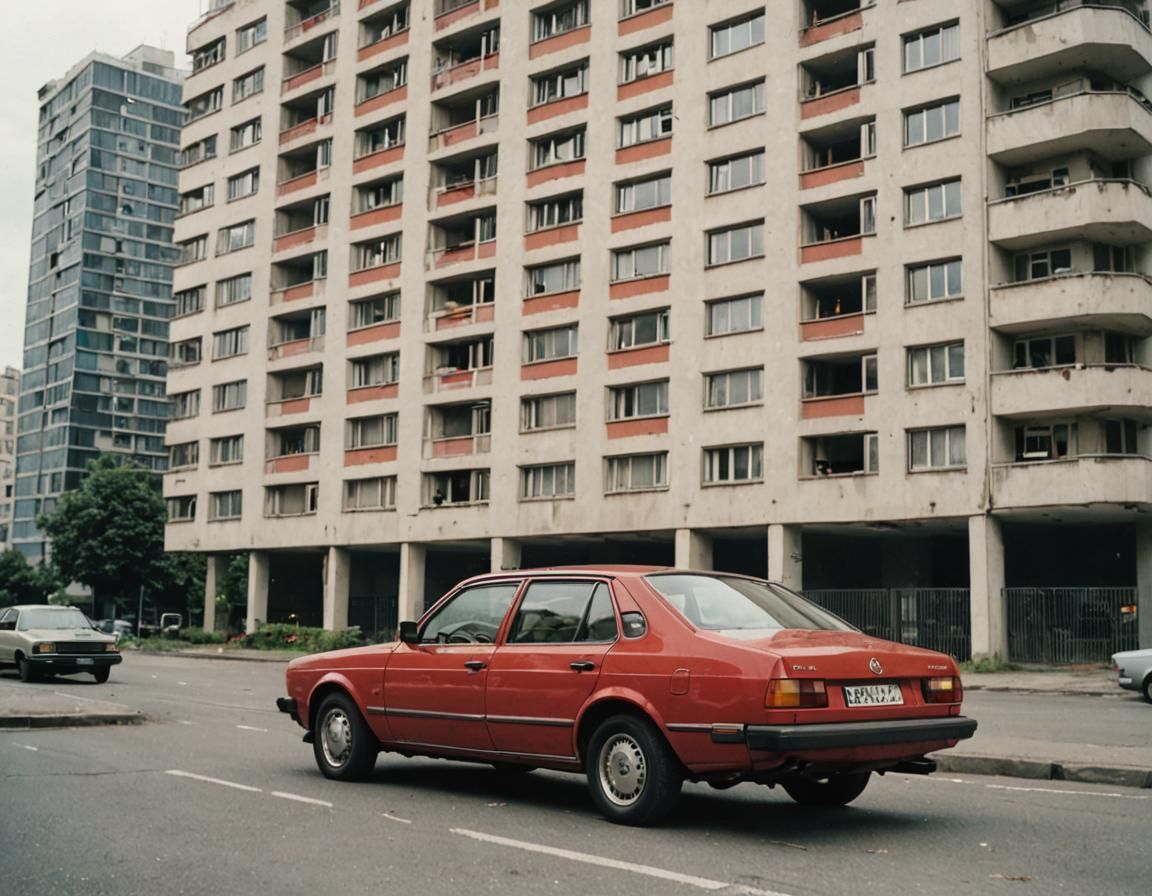 Red VW Passat in Front of High-Rise
