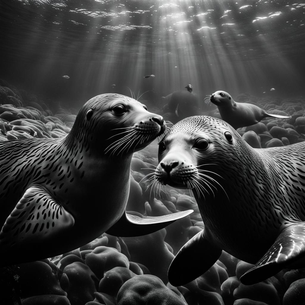Freediving with Seals in Kelp Forest, Dramatic Lighting