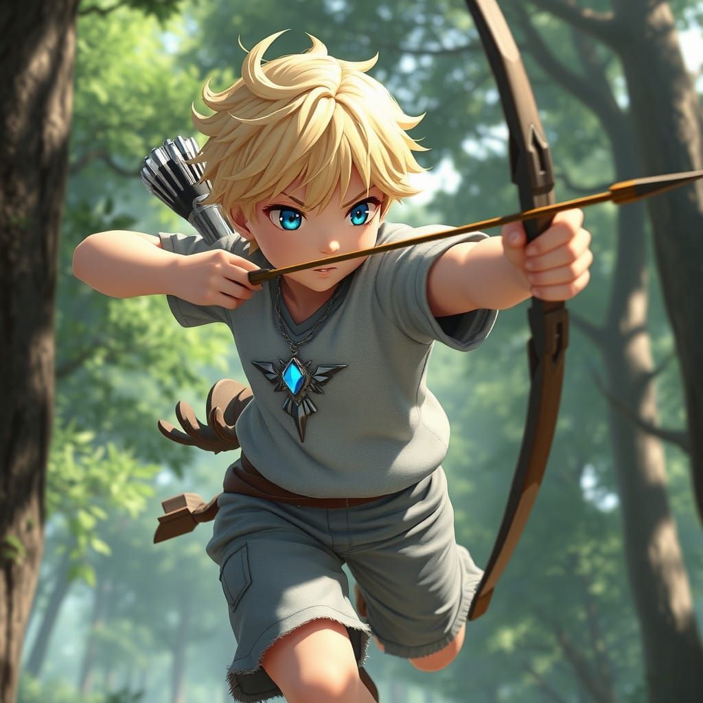 Anime-Inspired Boy in Mid-Jump with Bow and Arrow