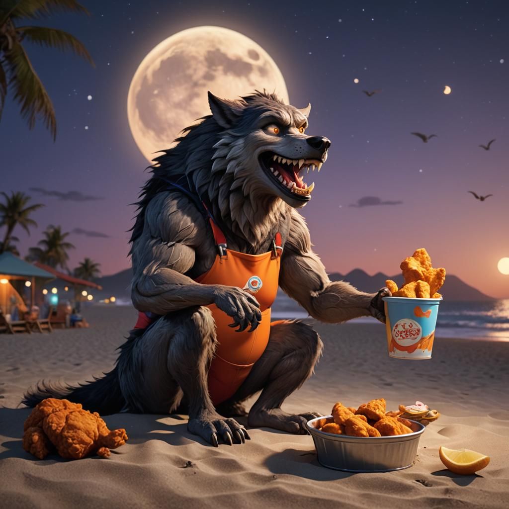Pregnant Werewolf Enjoying Beachside Chicken in Pixar Style