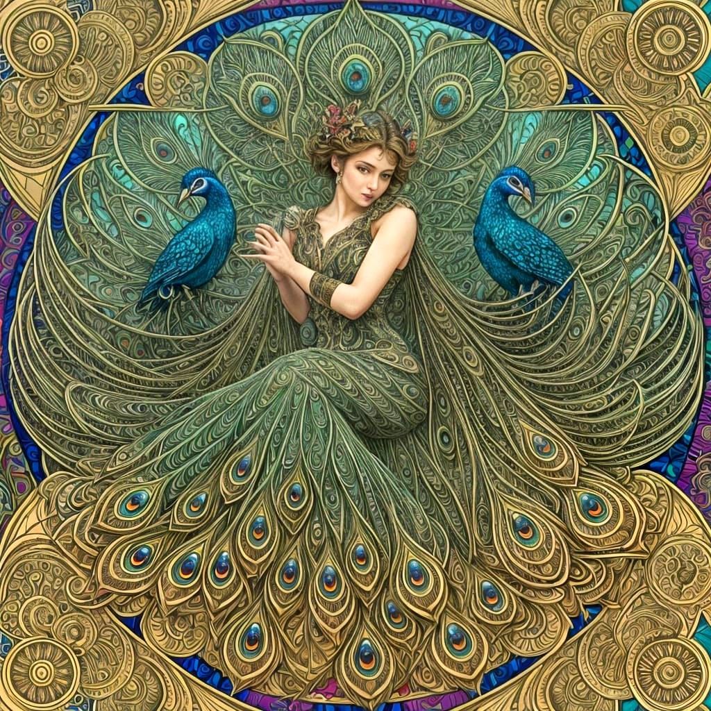 Art Nouveau Woman in Peacock Colors, Abstract Fractal