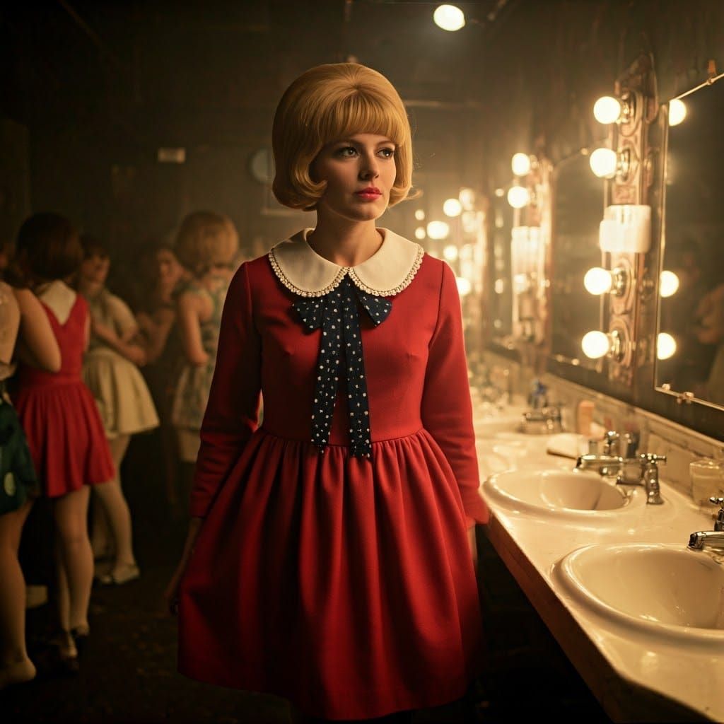 1960s Mod Woman in Nightclub Bathroom, Cinematic Style