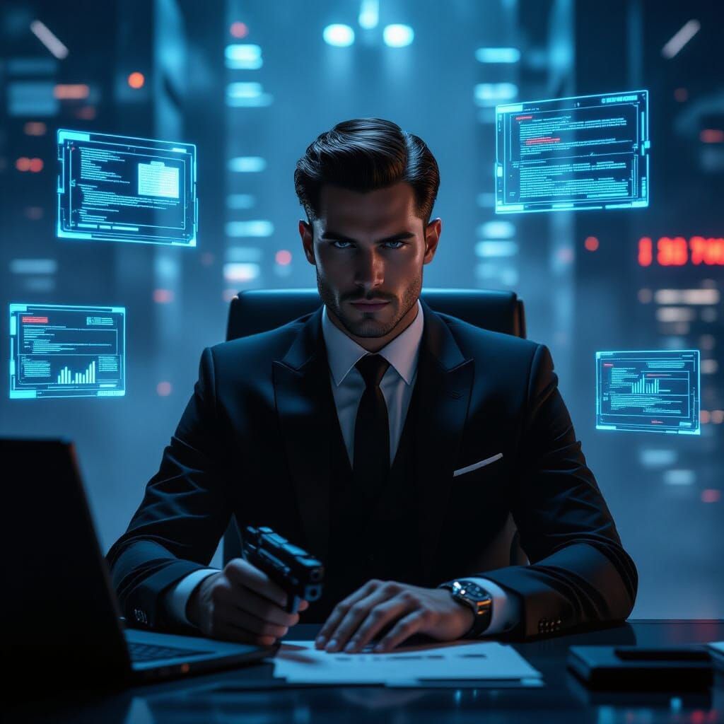 Corporate Spy in Cyberpunk Office at Midnight