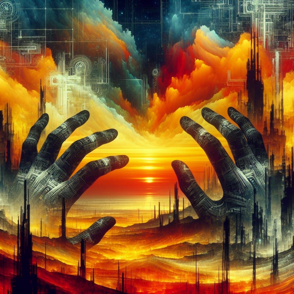 Reaching Hands Over Dystopian Sunset