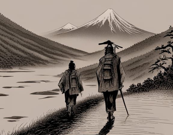 Samurai on Forest Path: Eastern Drawing