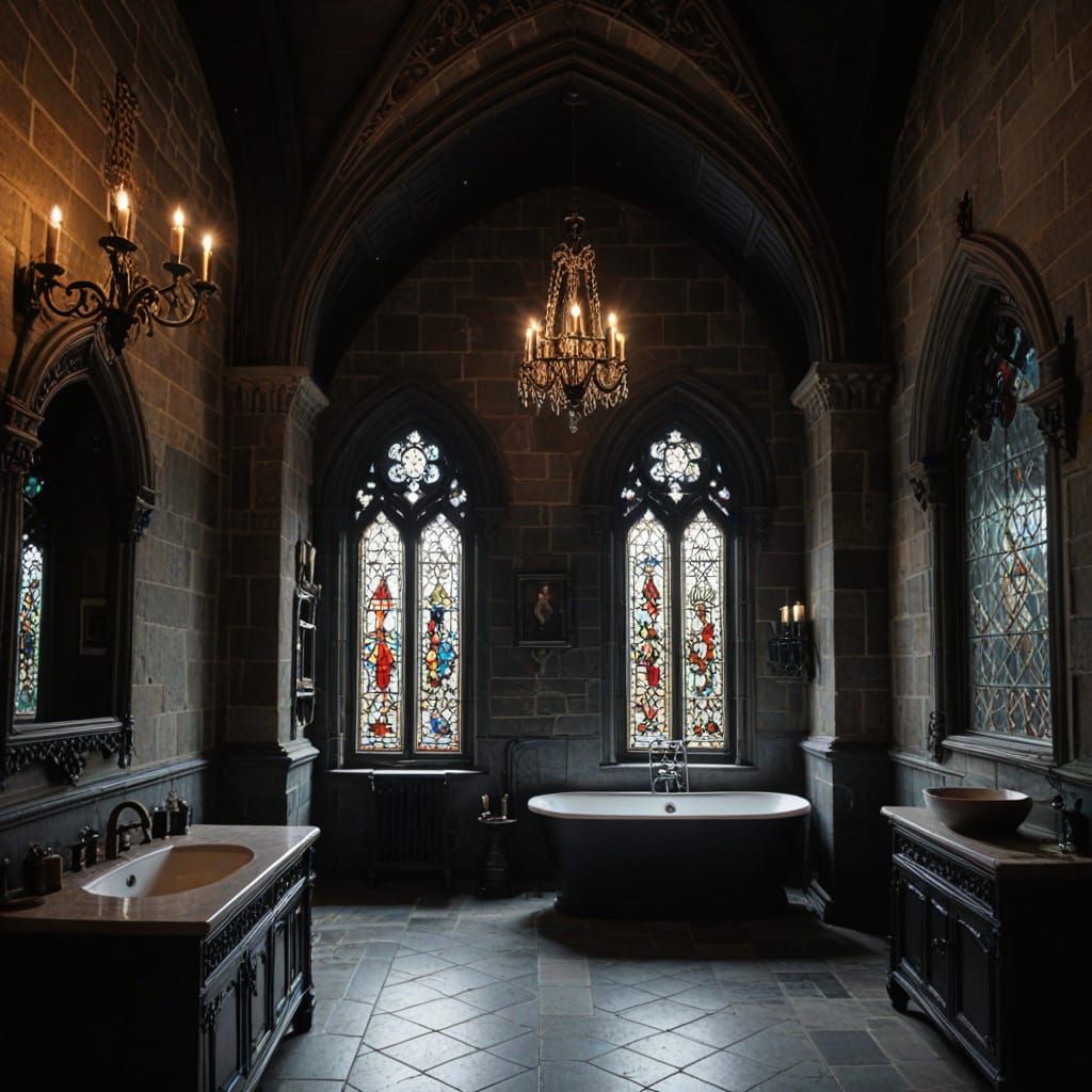 Gothic Bathroom Interior with Stained Glass Windows