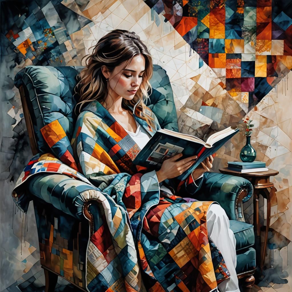 Woman Reading Book in Armchair with Quilt