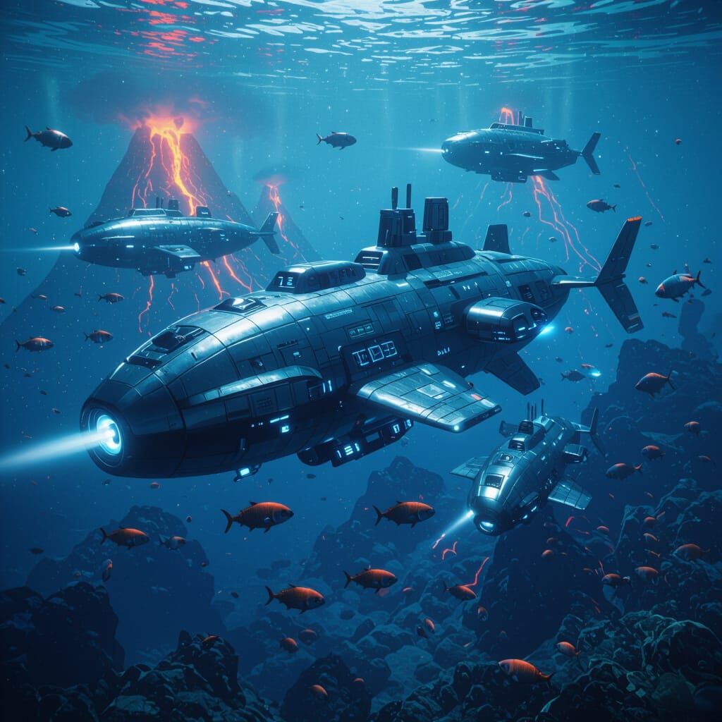 Futuristic Underwater Submarines in a Volcanic Midnight Zone