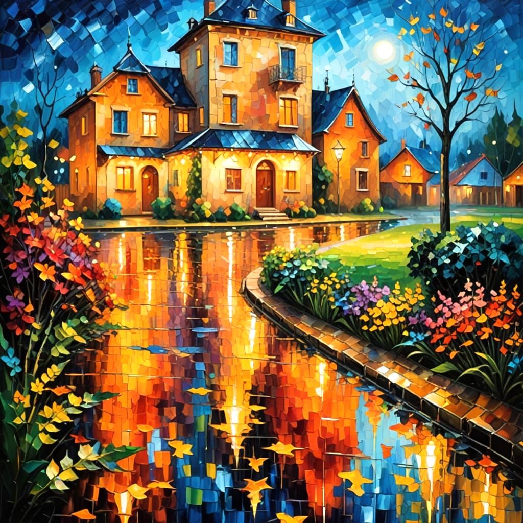 Vibrant Baroque House Illuminated at Night