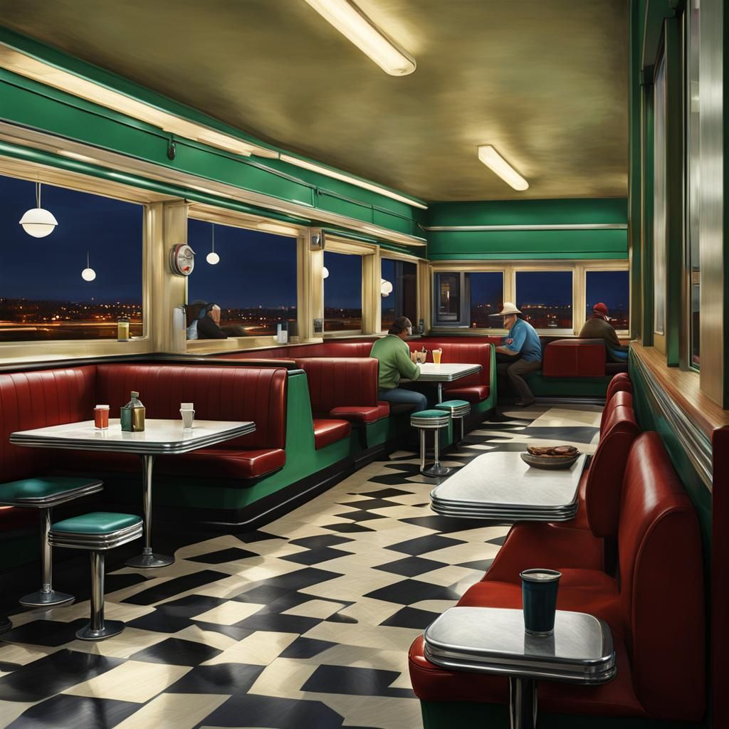 Hyperrealistic Nighthawks Diner Inspired by Hopper