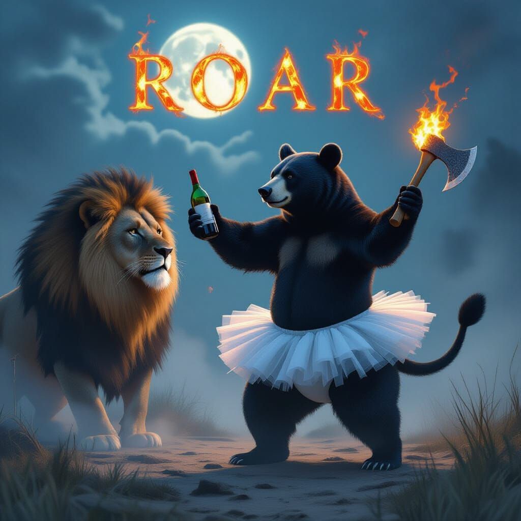 Bear Ballet Dancing Before Lion in Foggy Moonlight