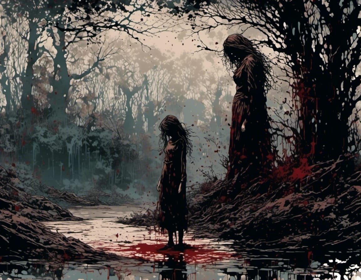 Eerie Shadow Woman Watching Crying Figure