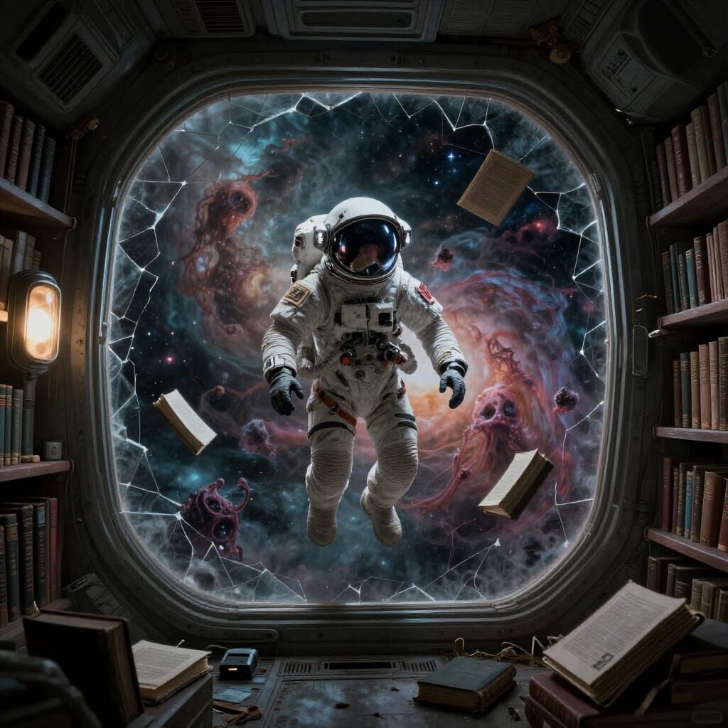 Astronaut in Zero-G Library Amidst Nebulae
