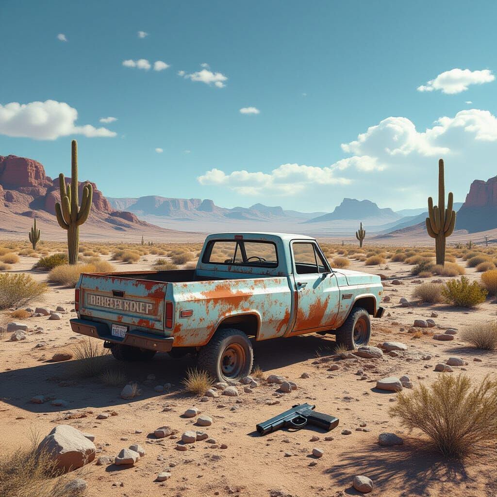 Abandoned Pickup Truck in Desert Wasteland