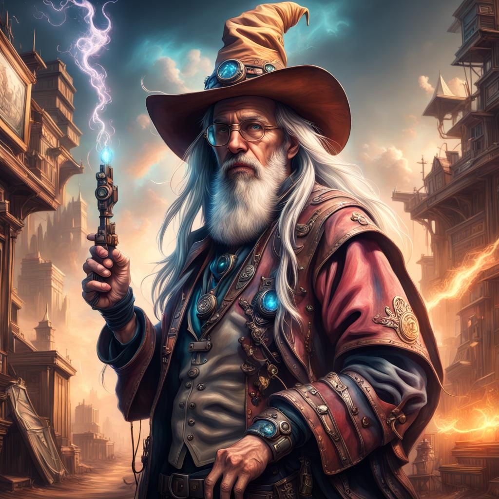 Aetherpunk Cowboy Wizard in Digital Matte Painting Style