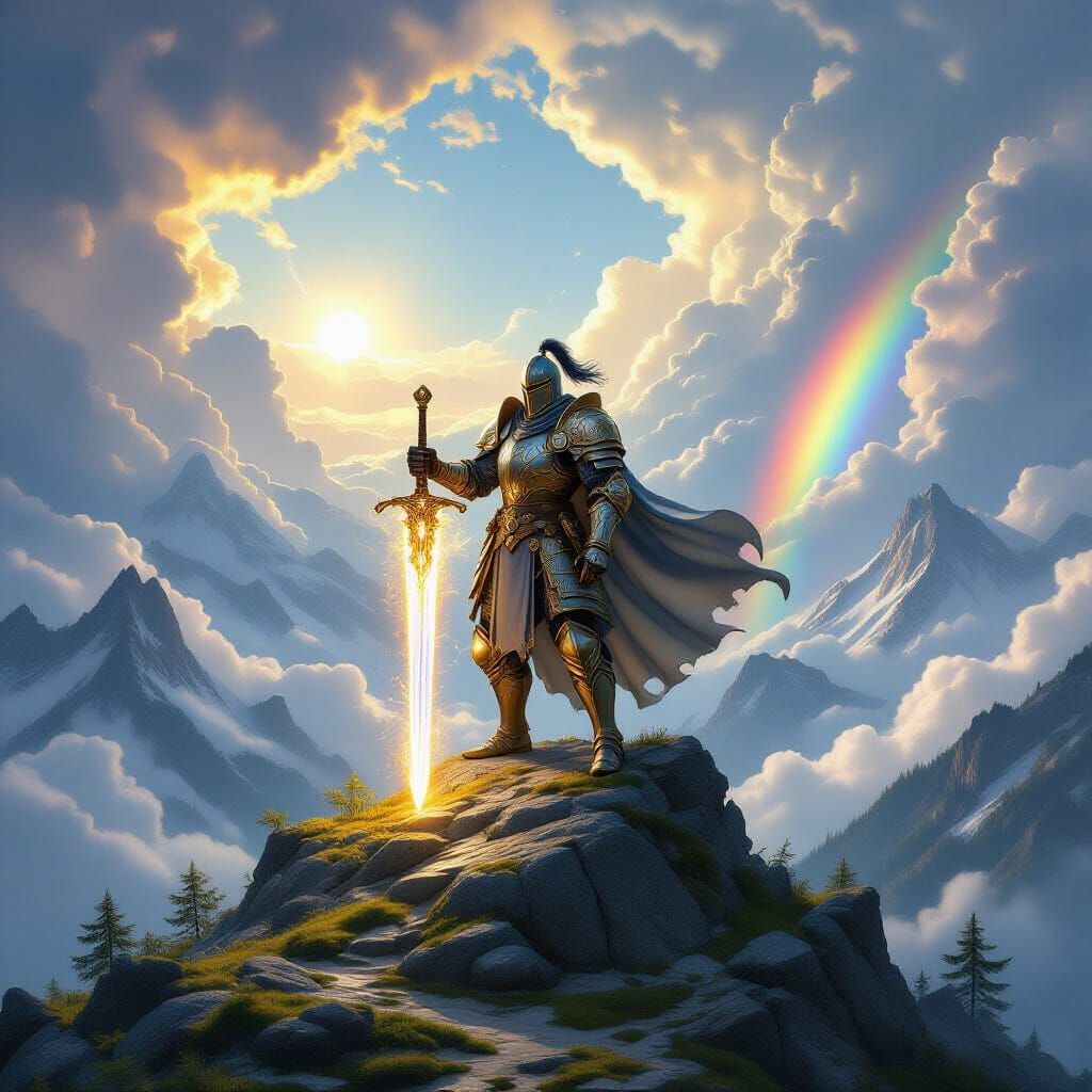 Stoic Knight on Mountain Peak with Cosmic Nebula